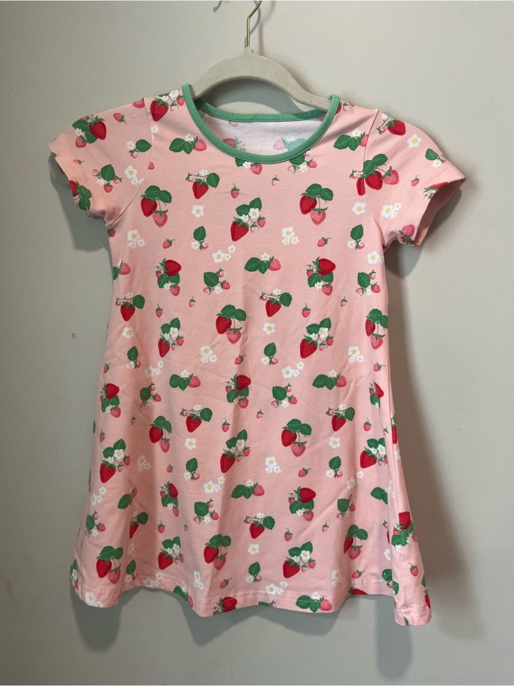 Girls Pink Strawberry Print Casual Dress with Green Trim